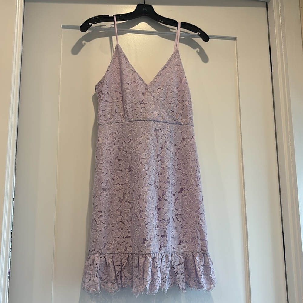 NWT Aqua Lavender Mini Dress with Lace Fabric and V-Neckline